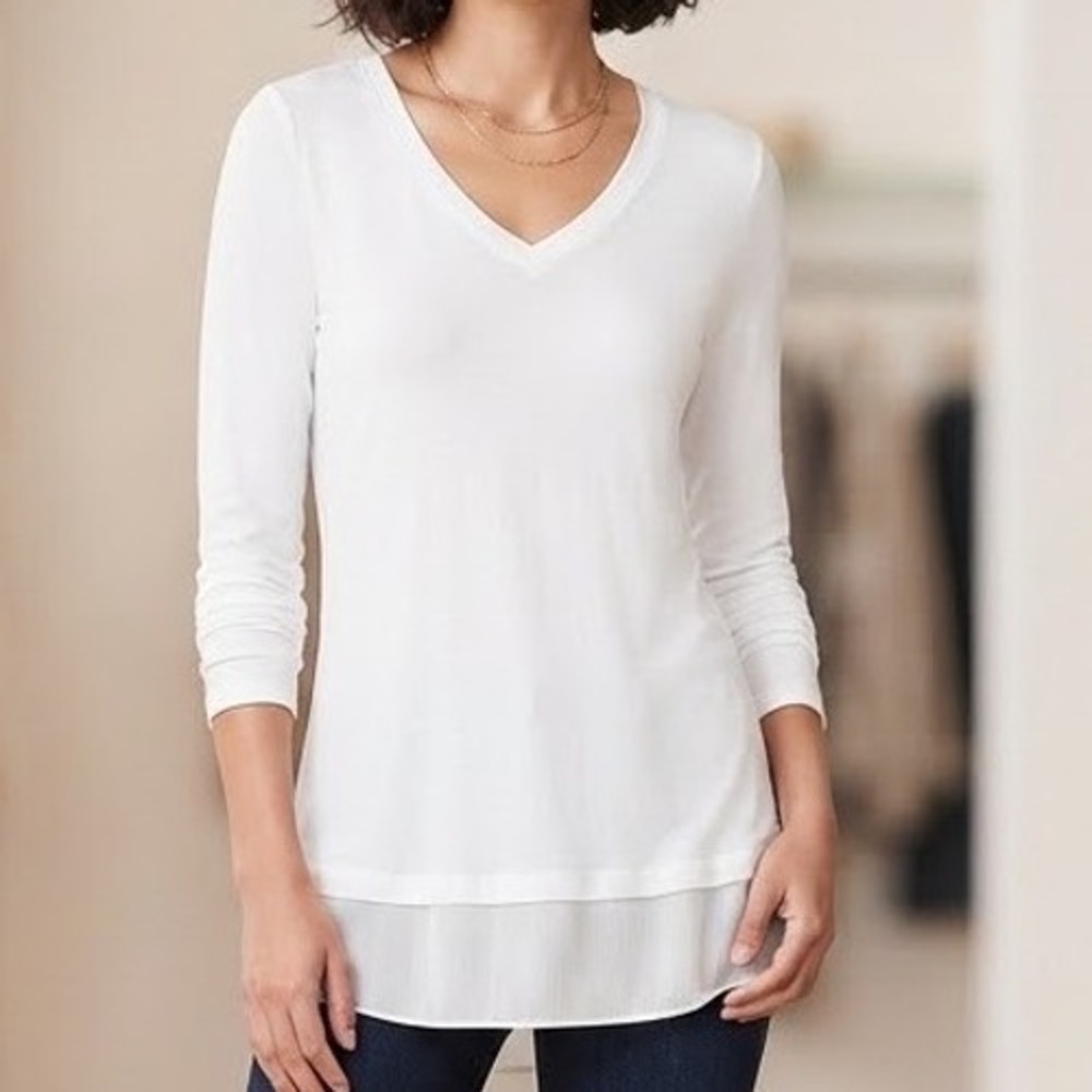 INC International Concepts Womens White V-Neck Long Sleeve Layered Hem Top Small